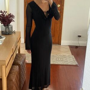Princess Polly Black Long Sleeve Ruffle-Trim Maxi Dress